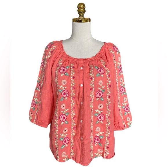 100% LINEN PEASANT 3/4 SLEEVES FLORAL EMBROIDERED WOMENS TOP SIZE L (Tags Misng) - Picture 1 of 5